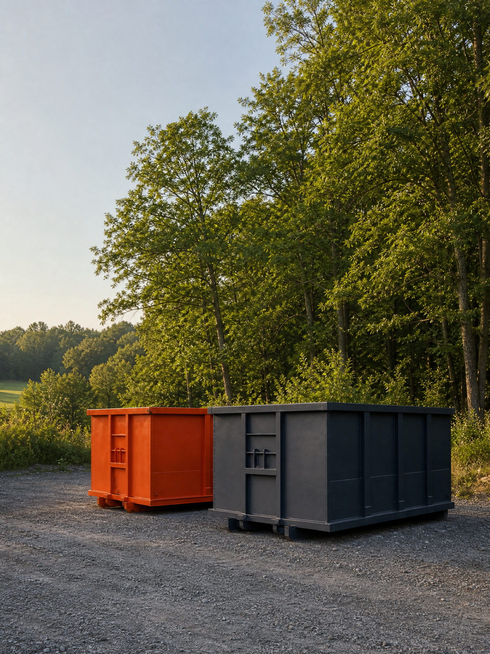 Roll-off bins beside a deciduous Grey-Bruce rural woodland